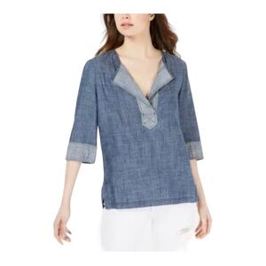 Trina Turk Groove Chambray Split Neck Shirt NWT Size XS